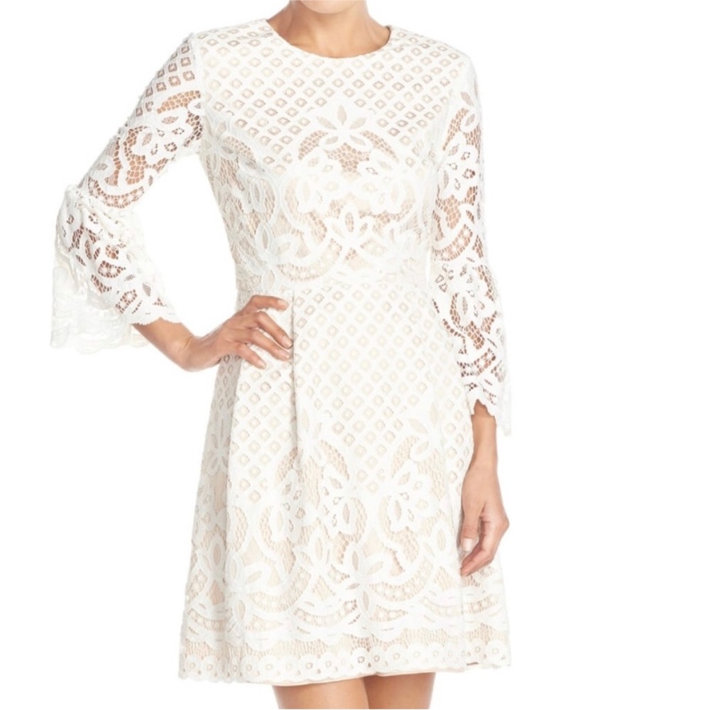 Eliza J eyelet bell sleeve mini dress